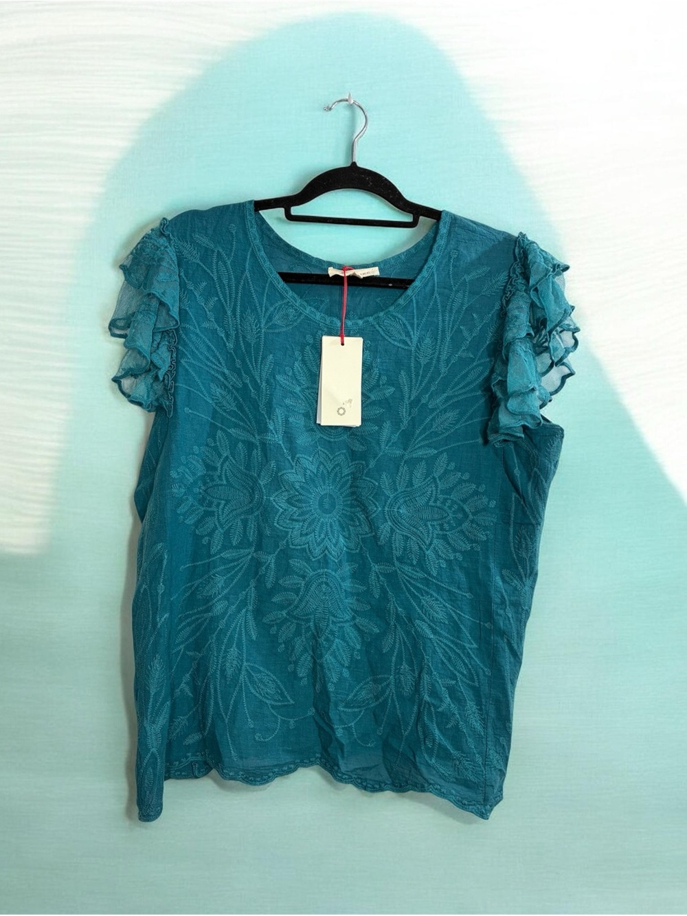 Solitaire Teal Floral Embroidered Ruffle Sleeve Top